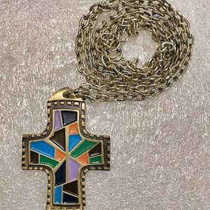 VINTAGE MULTICOLOR ENAMEL CROSS PENDANT with 24” CHAIN TSG (TERRA SANCTA GUILD)